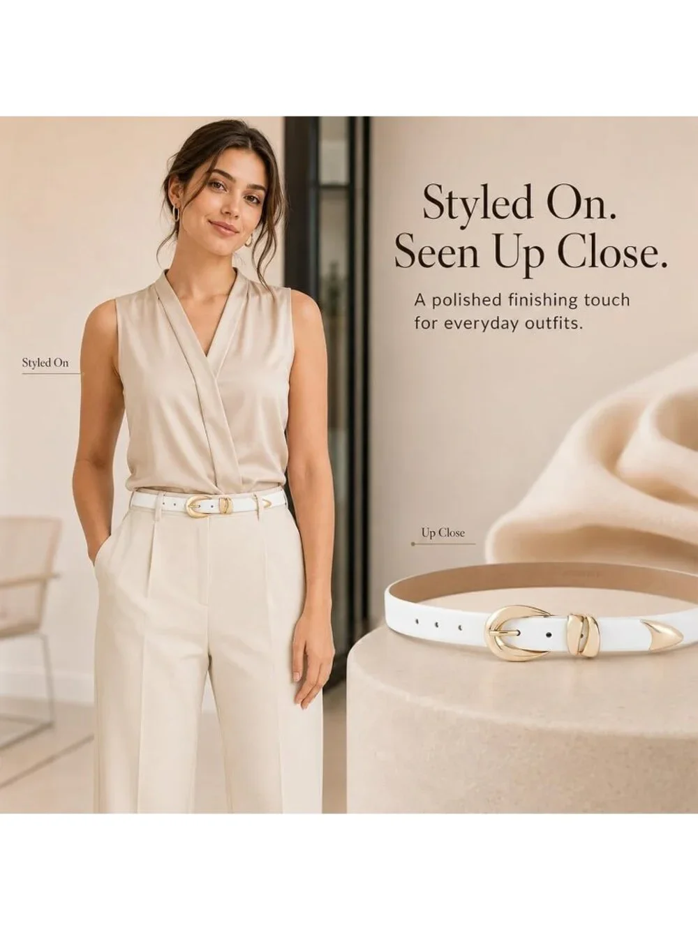 Women's White Leather Adjustable Waist Belt For Jeans Dresses With Gold Buckle